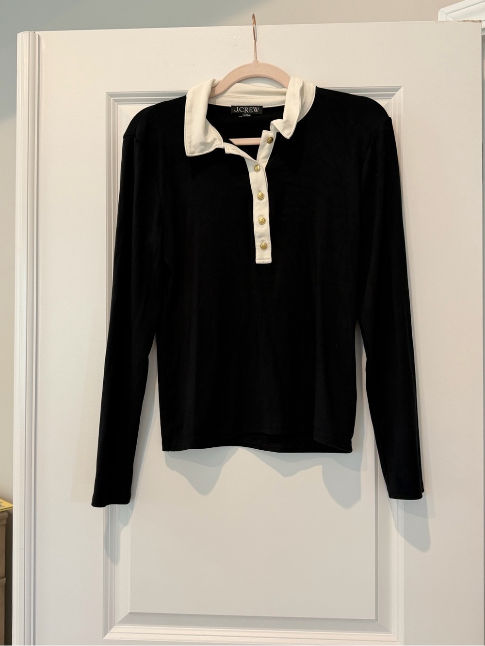 J. Crew Black Long-Sleeve Shirt with Cream Polo Collar
